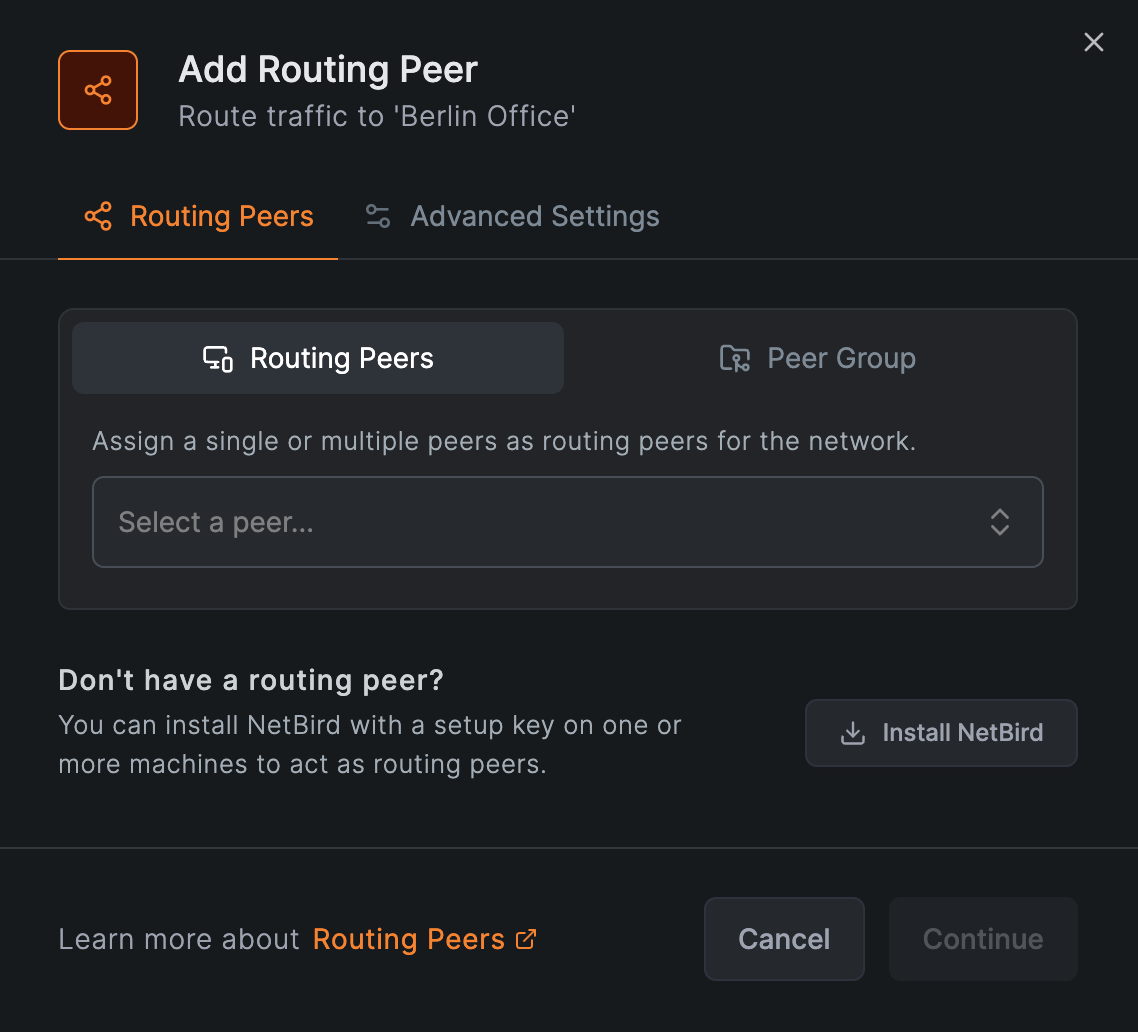 Hộp thoại gán routing peer cho một Network