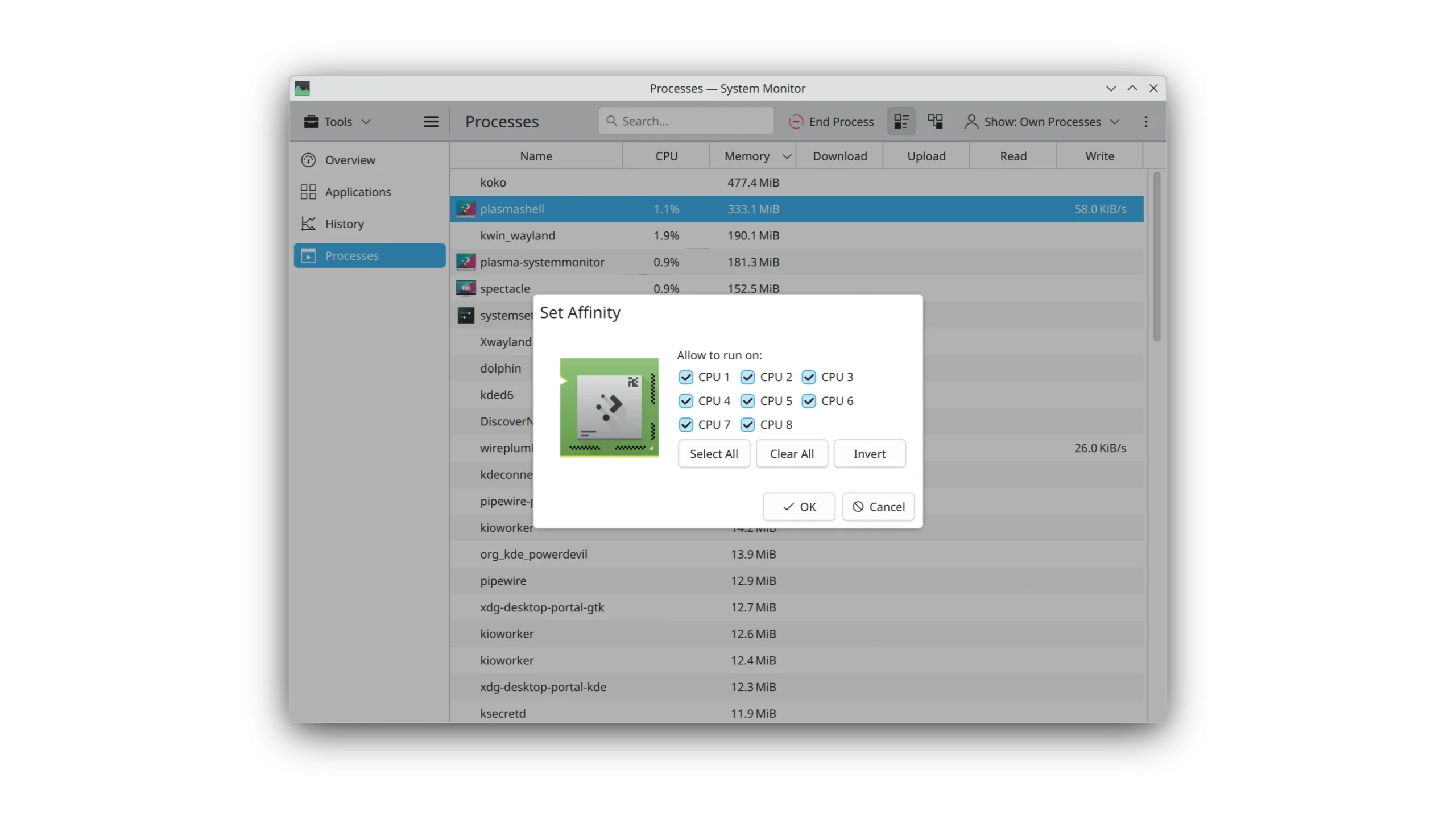 Hộp thoại Set Affinity cho phép chọn CPU cho tiến trình trong KDE Plasma
