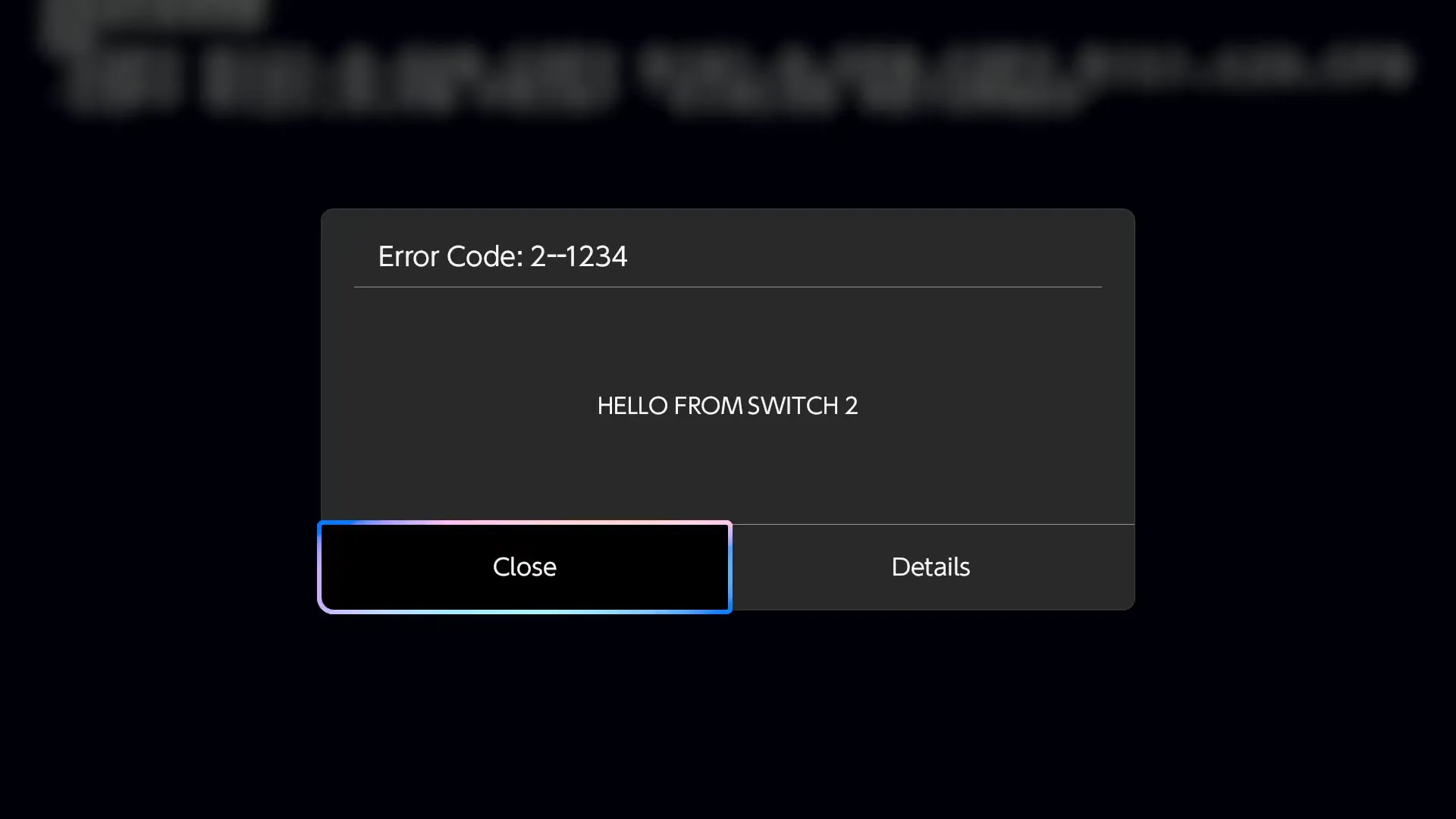 Hộp thoại trên Switch 2 hiển thị HELLO FROM SWITCH 2