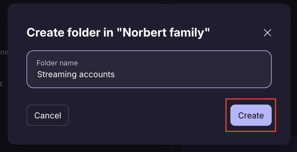 Hộp thoại tạo thư mục Streaming accounts trong vault Norbert family