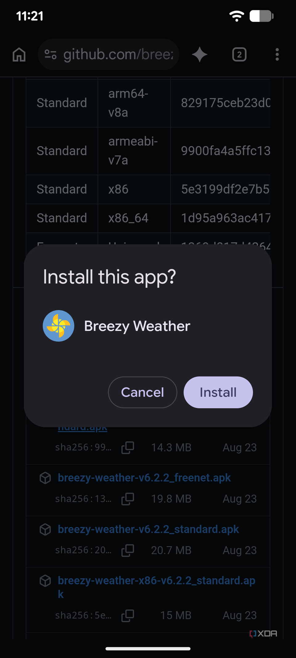 Hộp thoại xác nhận cài đặt Breezy Weather từ tệp APK trên Android