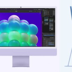 iMac M6 màu tím hiển thị phần mềm đồ họa, nhìn từ trước và cạnh bên