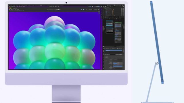 iMac M6 màu tím hiển thị phần mềm đồ họa, nhìn từ trước và cạnh bên