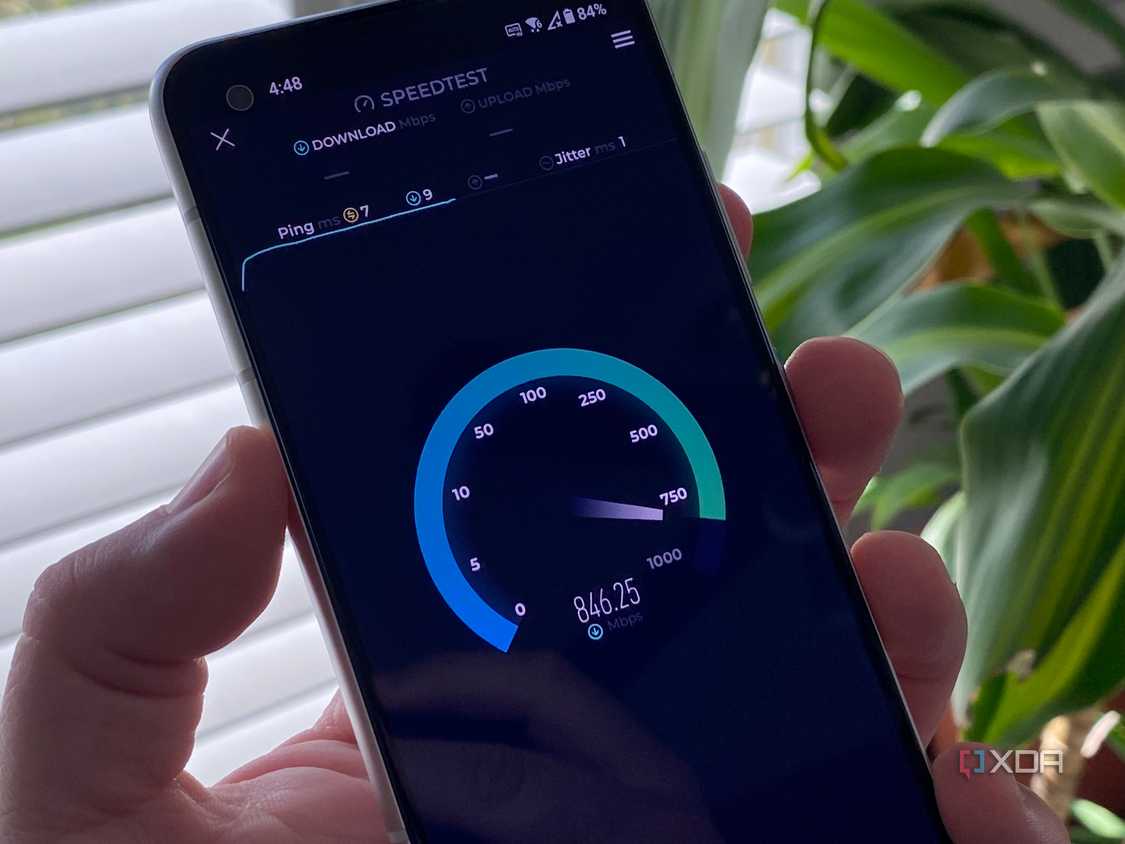 Internet speed test testing home internet download speeds on a Galaxy phone.