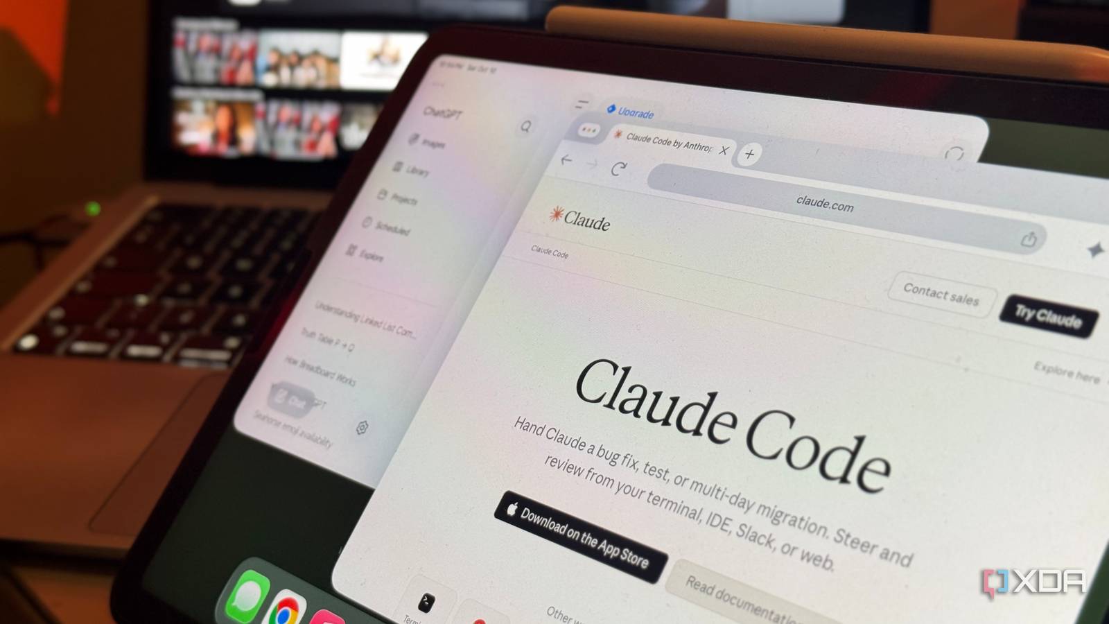 iPad with ChatGPT's sidebar open beside the Claude Code page on claude.com