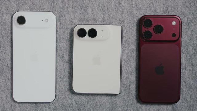 iPhone Air, iPhone Duo và iPhone 18 Pro đặt cạnh nhau trên nền nỉ xám