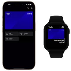 iPhone và Apple Watch hiển thị khóa số Cadillac Lyriq trong Apple Wallet.
