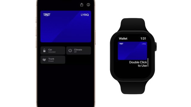 iPhone và Apple Watch hiển thị khóa số Cadillac Lyriq trong Apple Wallet.