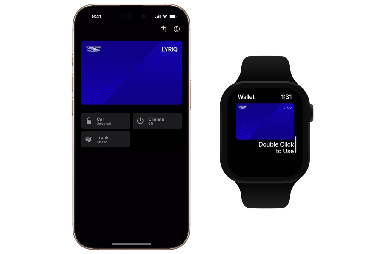 iPhone và Apple Watch hiển thị khóa số Cadillac Lyriq trong Apple Wallet.