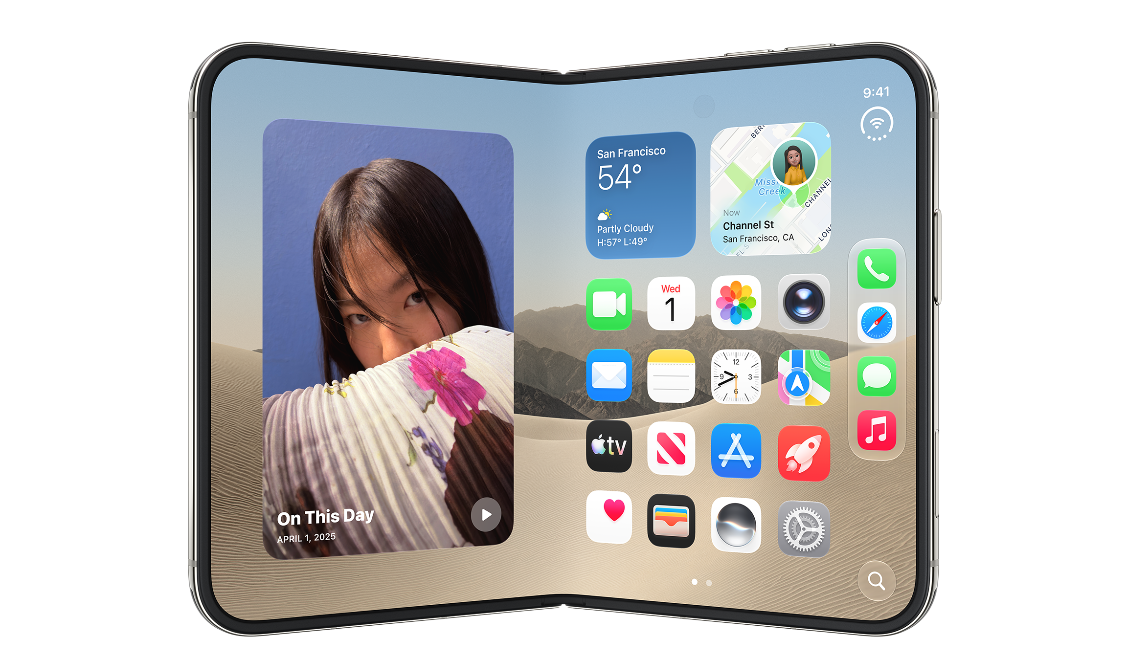 iPhone Duo mở một phần với màn hình chính và biểu tượng Safari