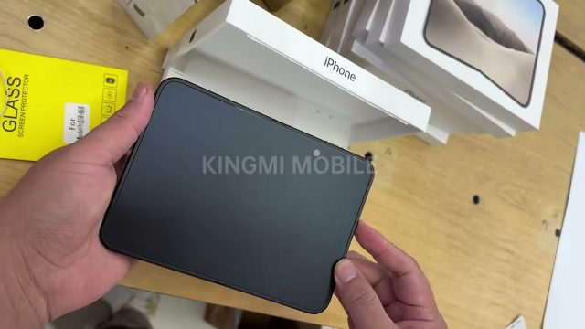 iPhone Duo mở phẳng trên tay cạnh hộp sản phẩm