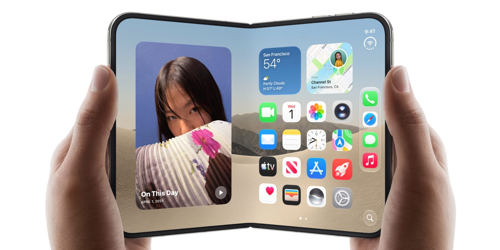 iPhone Duo mở ra với màn hình trong hiển thị giao diện iOS