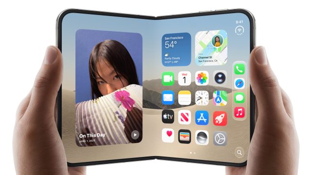 iPhone Duo mở rộng hiển thị giao diện iOS 27 với dock ứng dụng xếp dọc bên phải