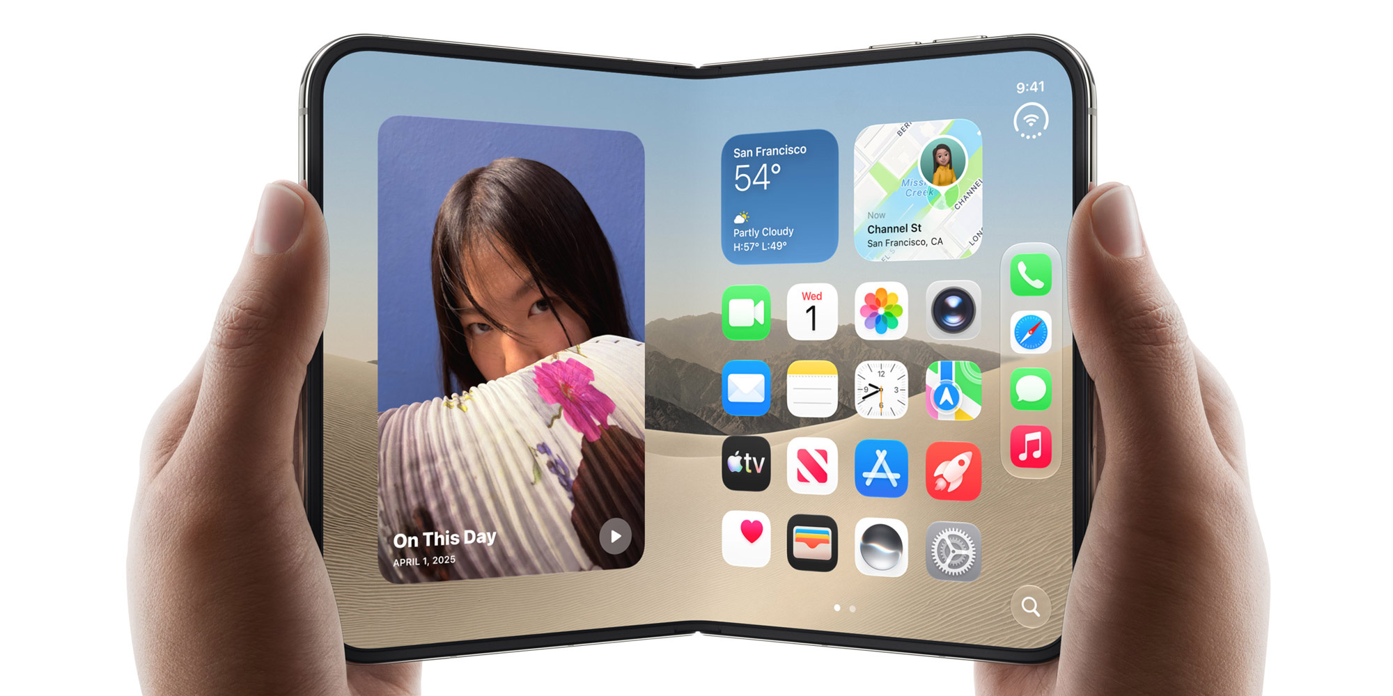 iPhone Duo mở rộng hiển thị giao diện iOS 27 với dock ứng dụng xếp dọc bên phải