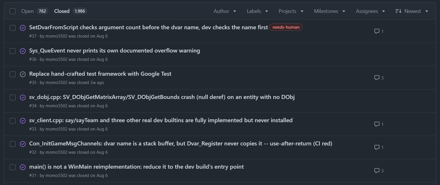 Ảnh issue tracker cho dự án dịch ngược game