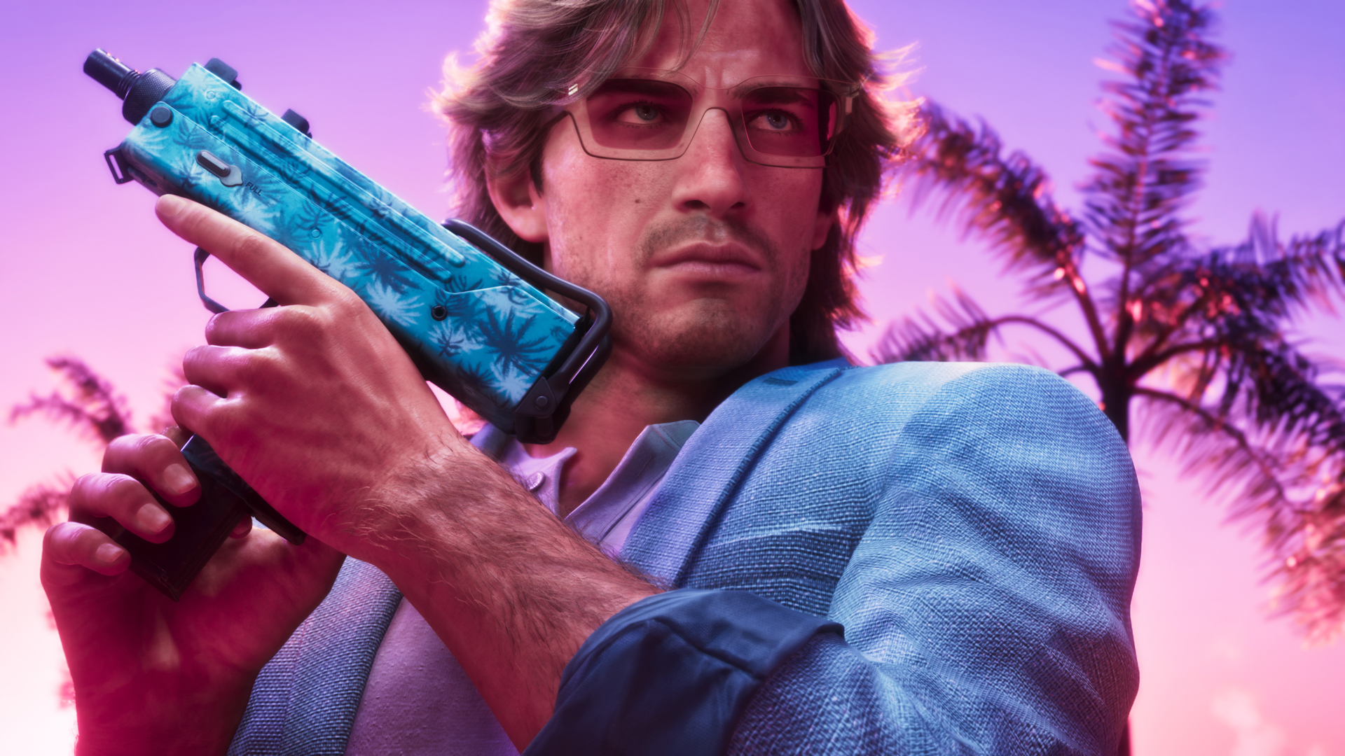 Jason trong GTA 6 cầm súng giữa rặng dừa Vice City