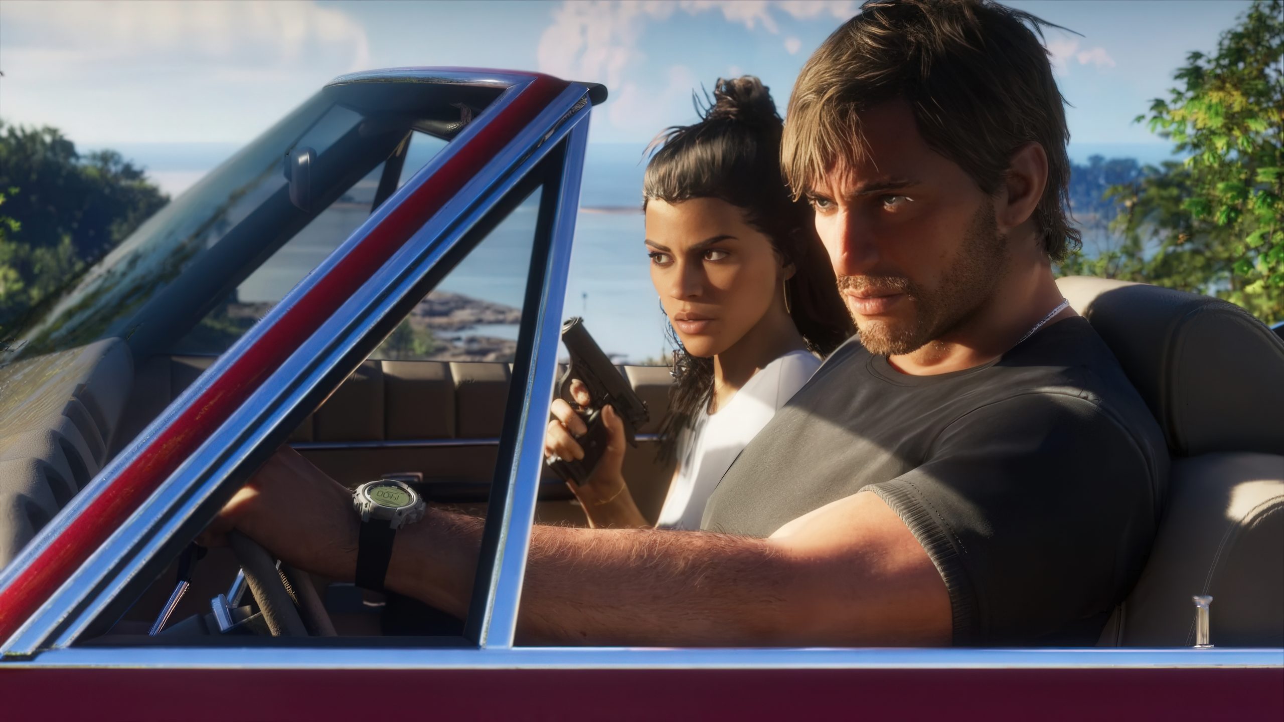 Jason lái xe cùng Lucia ngồi bên cạnh trong một cảnh hành động của GTA 6.