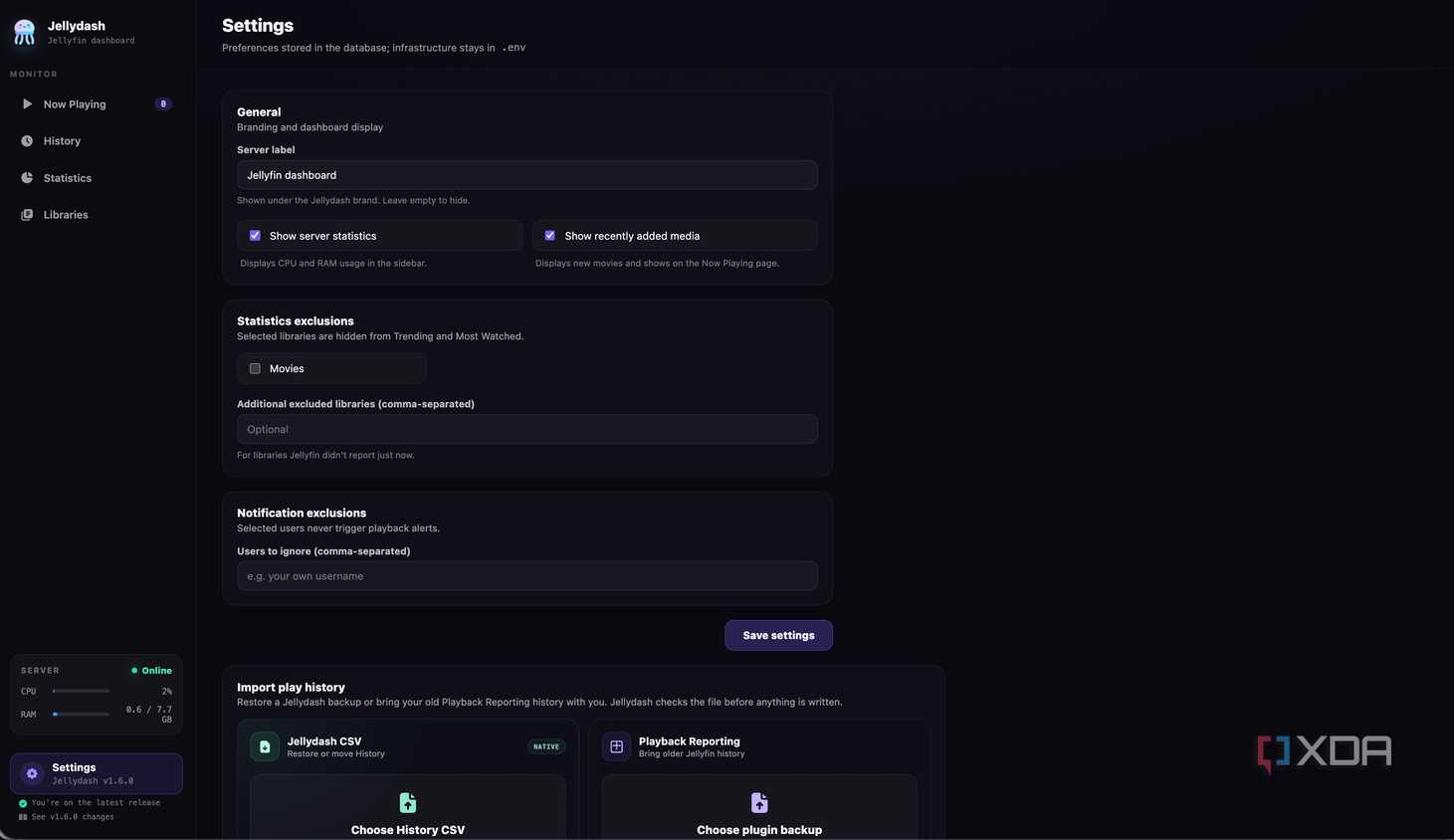 jellydash settings page