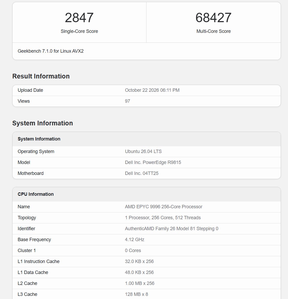 Kết quả Geekbench 7.1.0 của AMD EPYC 9996