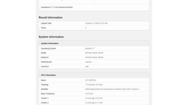 Kết quả Geekbench 7.1.0 của Infinix X6766