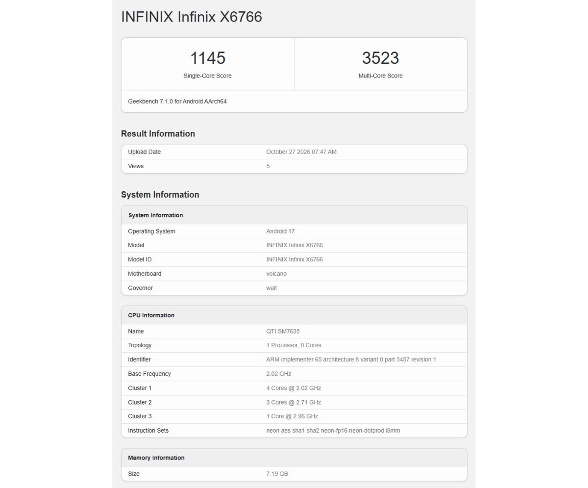 Kết quả Geekbench 7.1.0 của Infinix X6766