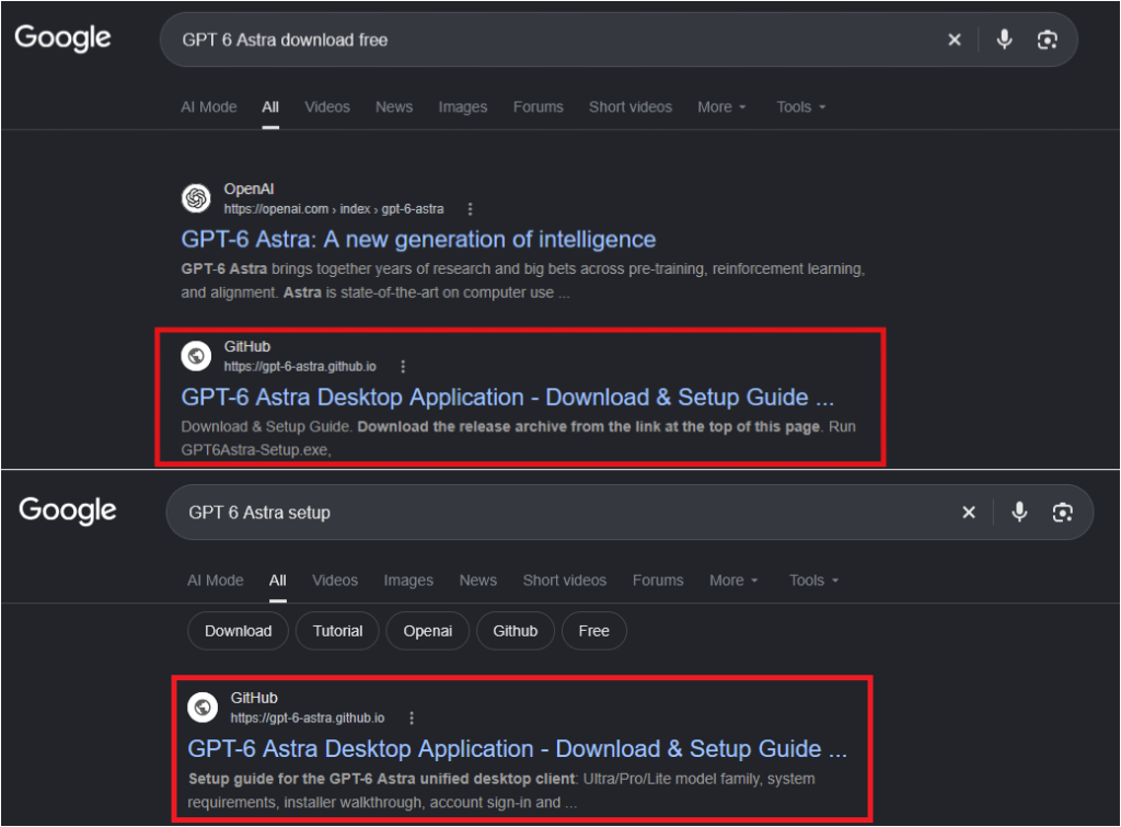 Kết quả Google chứa trang GitHub giả