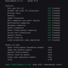 Kết quả lệnh removemacai status hiển thị trạng thái Apple Intelligence