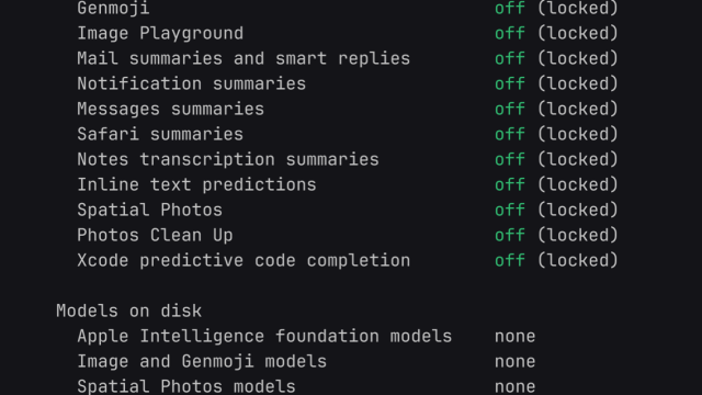 Kết quả lệnh removemacai status hiển thị trạng thái Apple Intelligence