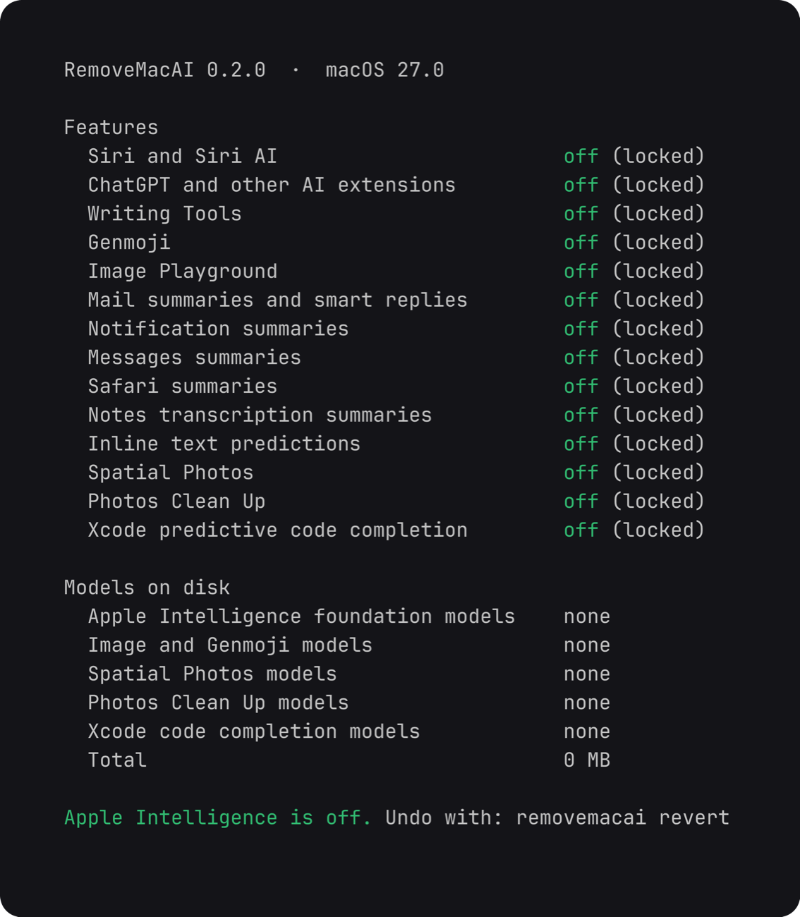 Kết quả lệnh removemacai status hiển thị trạng thái Apple Intelligence