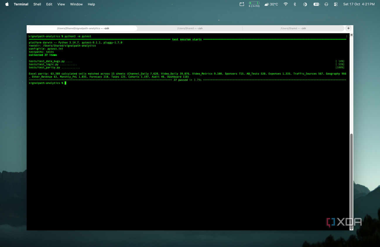 Kết quả pytest so sánh Excel và Python trong workbook giả lập