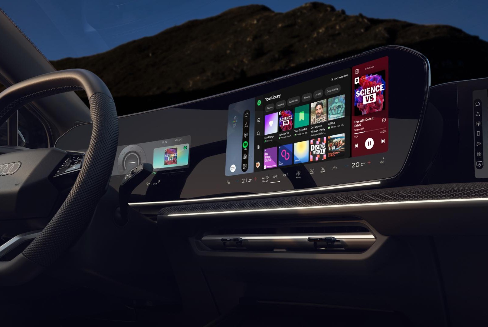 Khoang lái Audi với hệ thống màn hình hiển thị Spotify