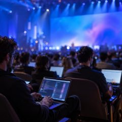 Khung cảnh hội nghị GitHub Universe với người tham dự sử dụng laptop