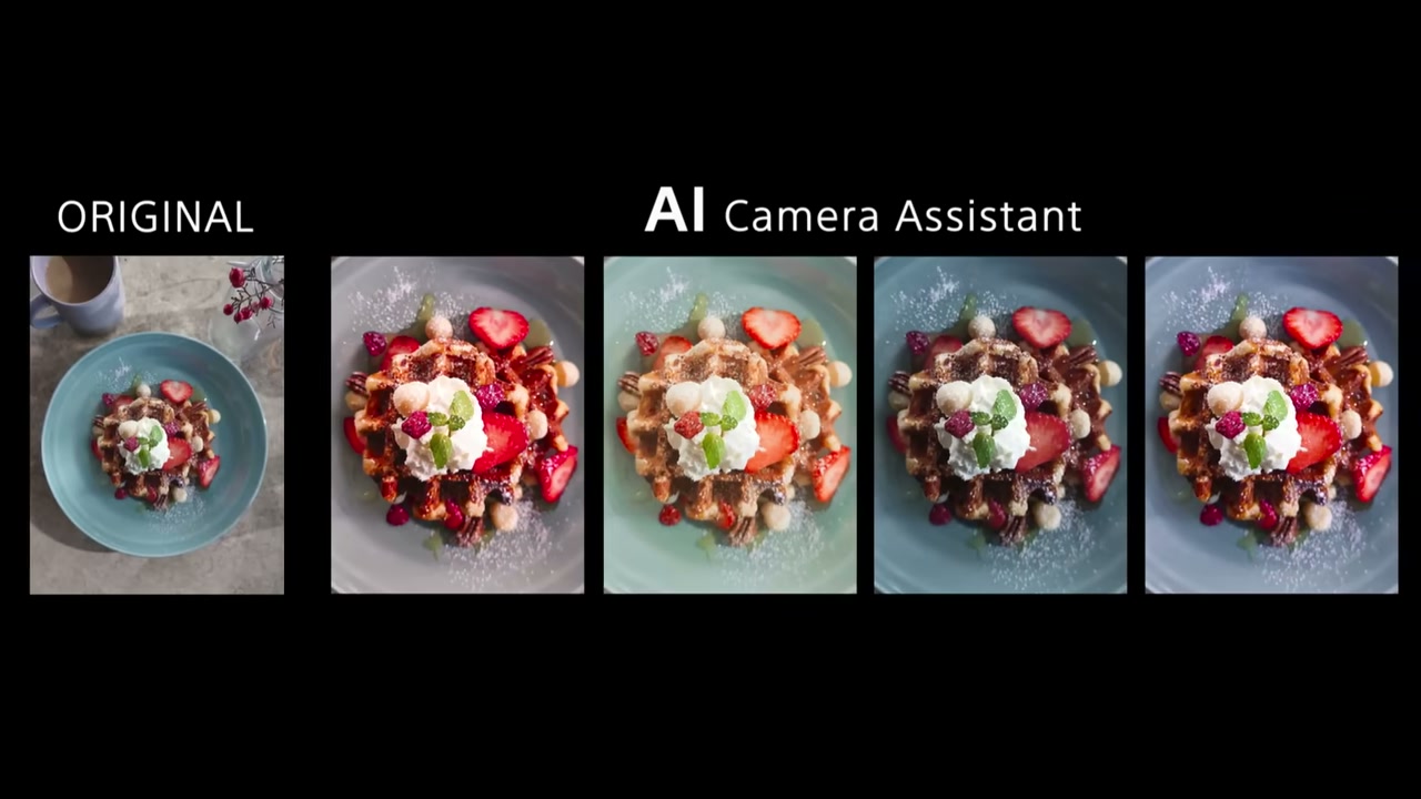 Khung hình Sony trình bày ảnh gốc và bốn lựa chọn AI Camera Assistant