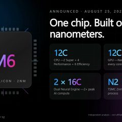 Khung hình video hiển thị chip M6 và các thông số CPU, GPU, Neural Engine, tiến trình 2 nm.