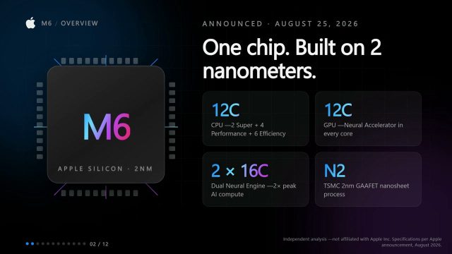 Khung hình video hiển thị chip M6 và các thông số CPU, GPU, Neural Engine, tiến trình 2 nm.
