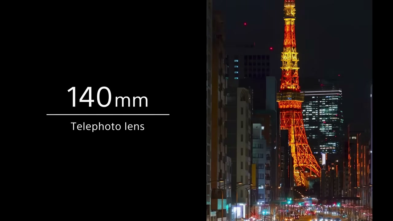 Khung hình video Sony giới thiệu Xperia 1 VIII, minh họa ảnh tele 140 mm ban đêm