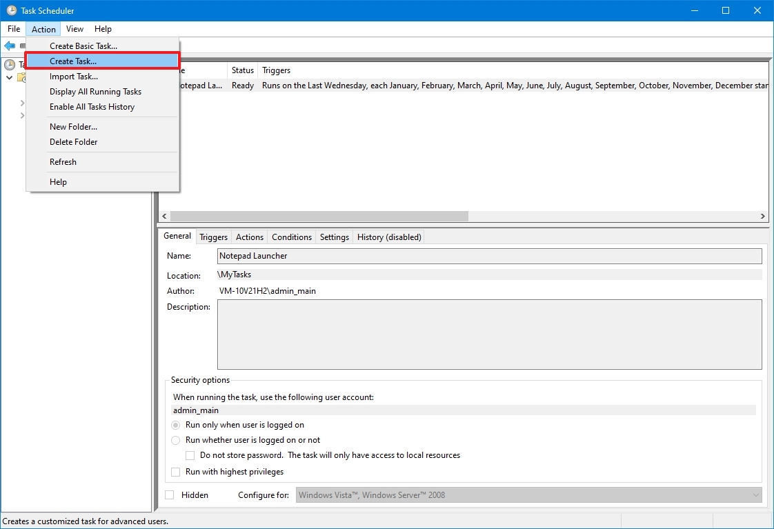 Lệnh Create Task trong menu Action