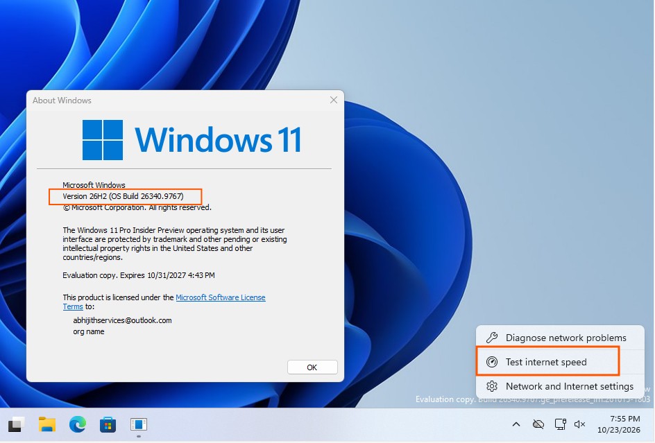 Lệnh Test internet speed trong menu mạng Windows 11 Insider