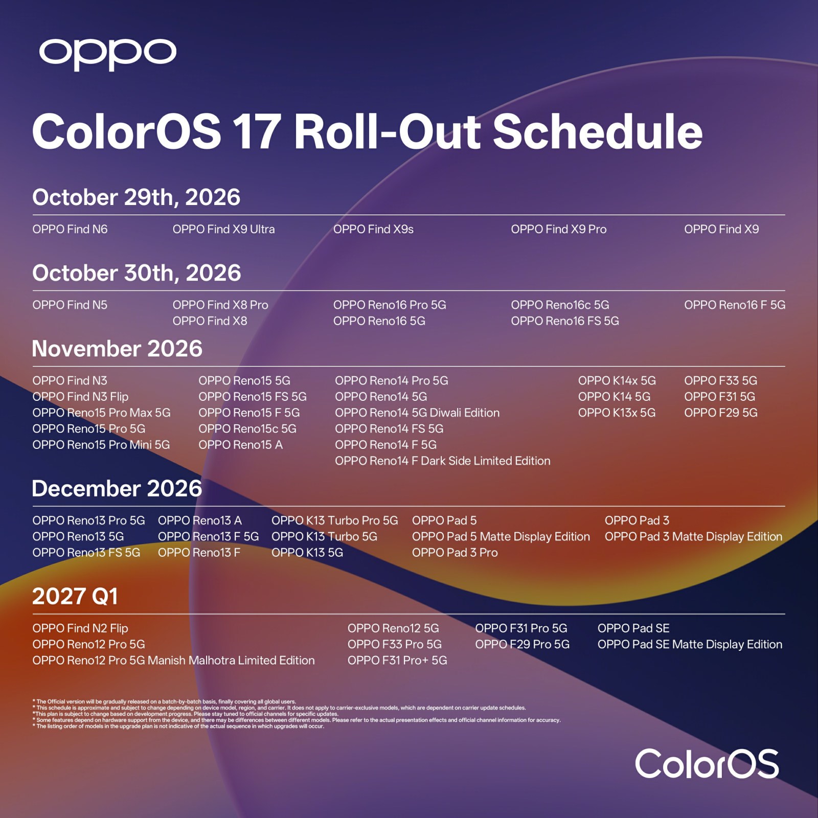 Lịch cập nhật ColorOS 17 toàn cầu