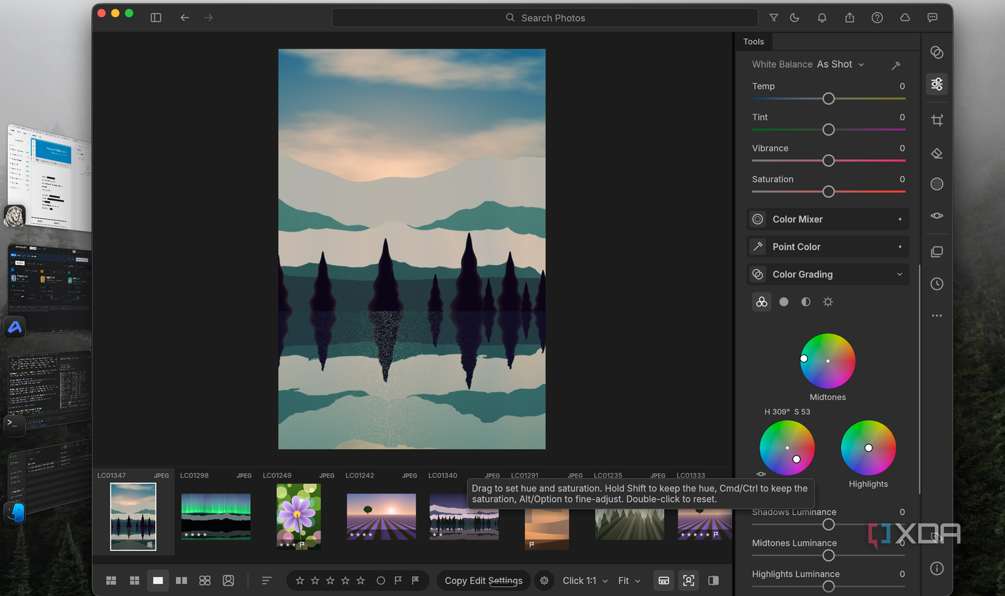 LightCraft color grading a forest lake photo, tinting the trees purple with the shadows wheel