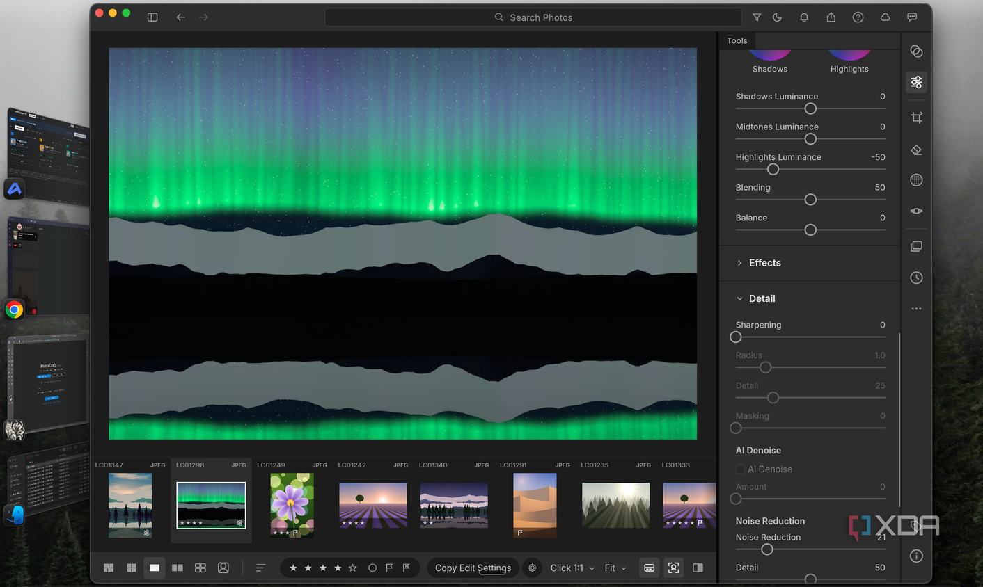 LightCraft editing an aurora landscape photo with Detail and Noise Reduction sliders open