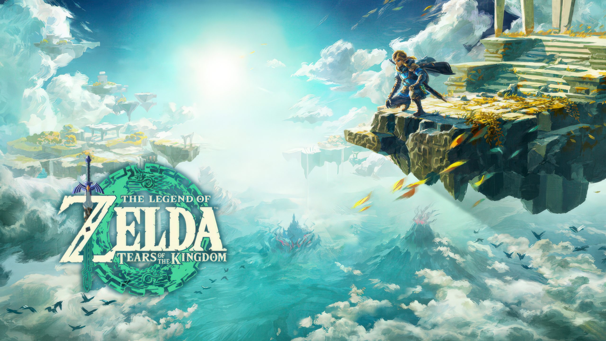 Link đứng trên đảo bay giữa mây trong The Legend of Zelda: Tears of the Kingdom.