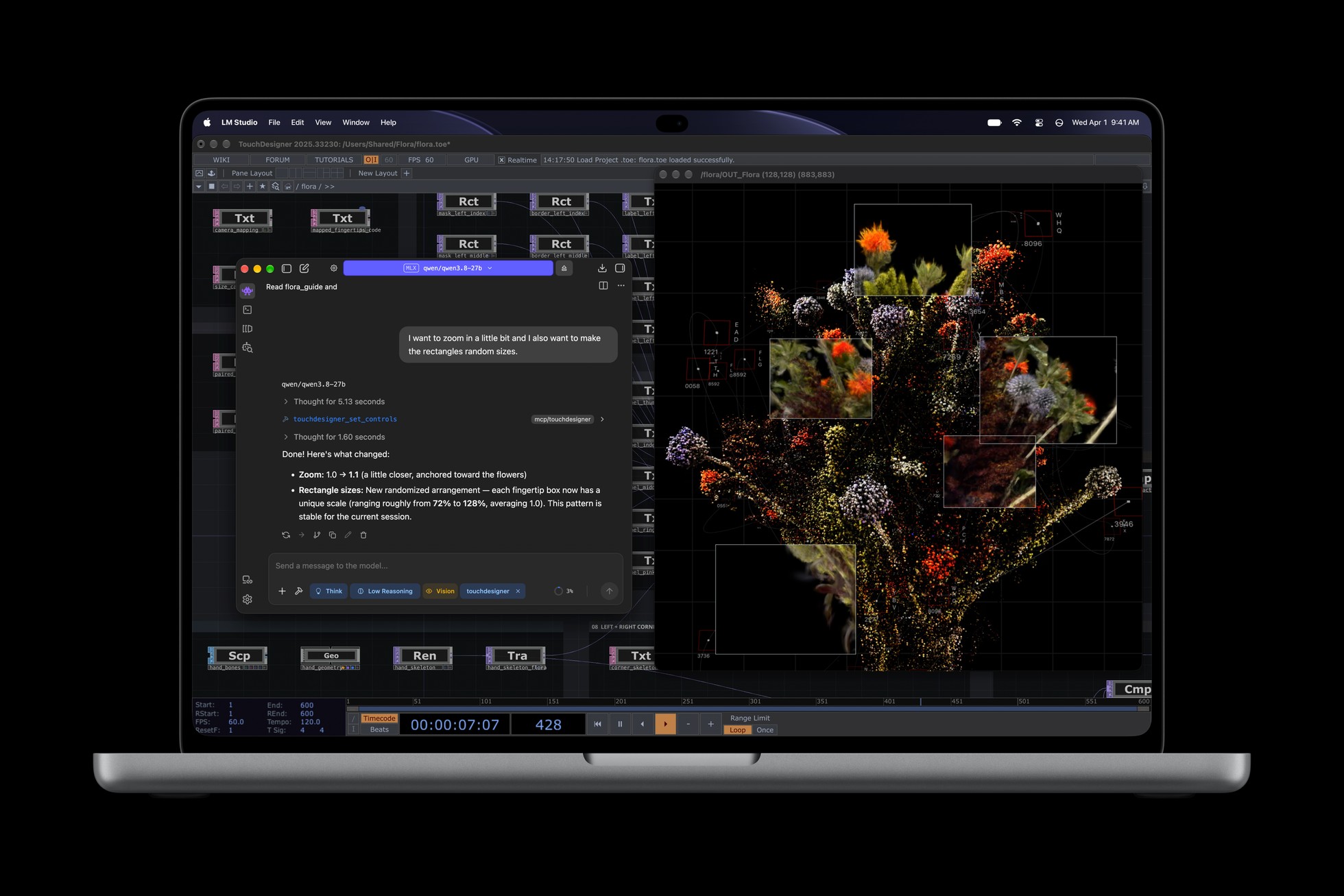 LM Studio cùng TouchDesigner trên MacBook Pro.