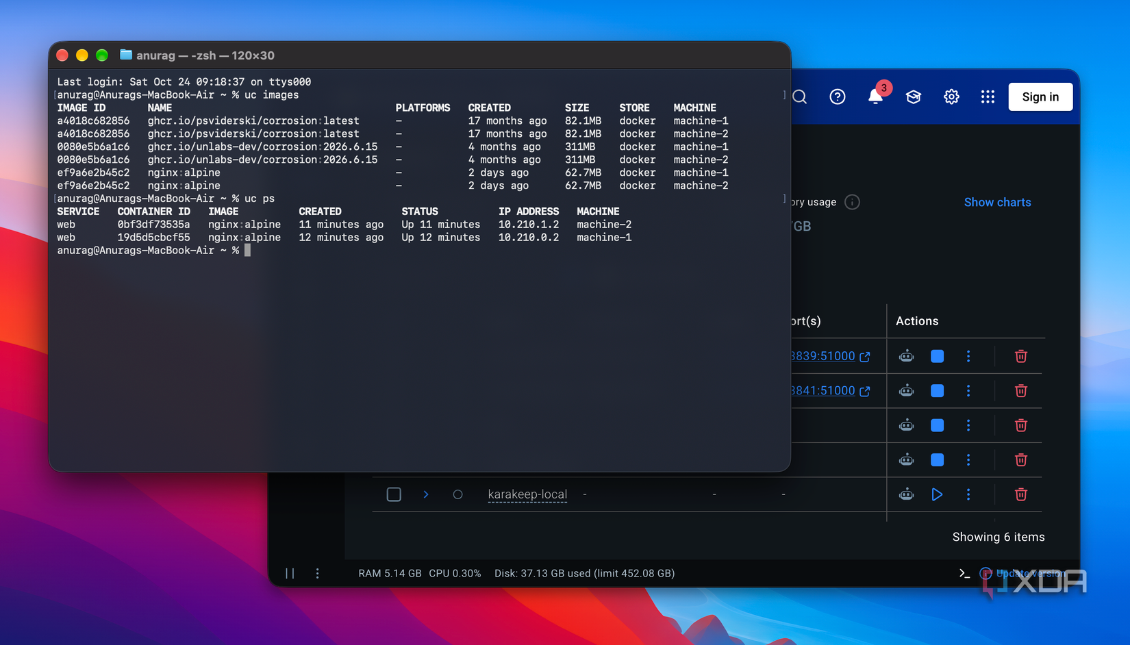 uc ps hiển thị hai container nginx đang chạy trên hai host
