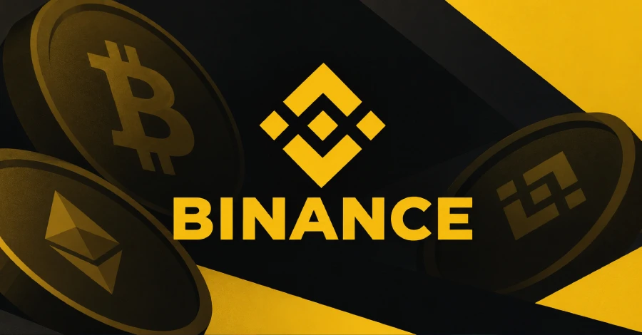 Logo Binance trên nền đen vàng cùng biểu tượng Bitcoin và Ethereum