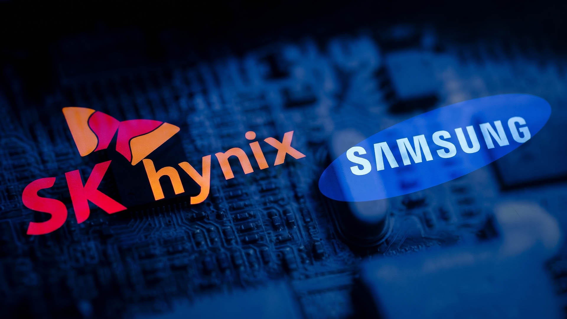 Logo SK hynix và Samsung trên nền bảng mạch bộ nhớ