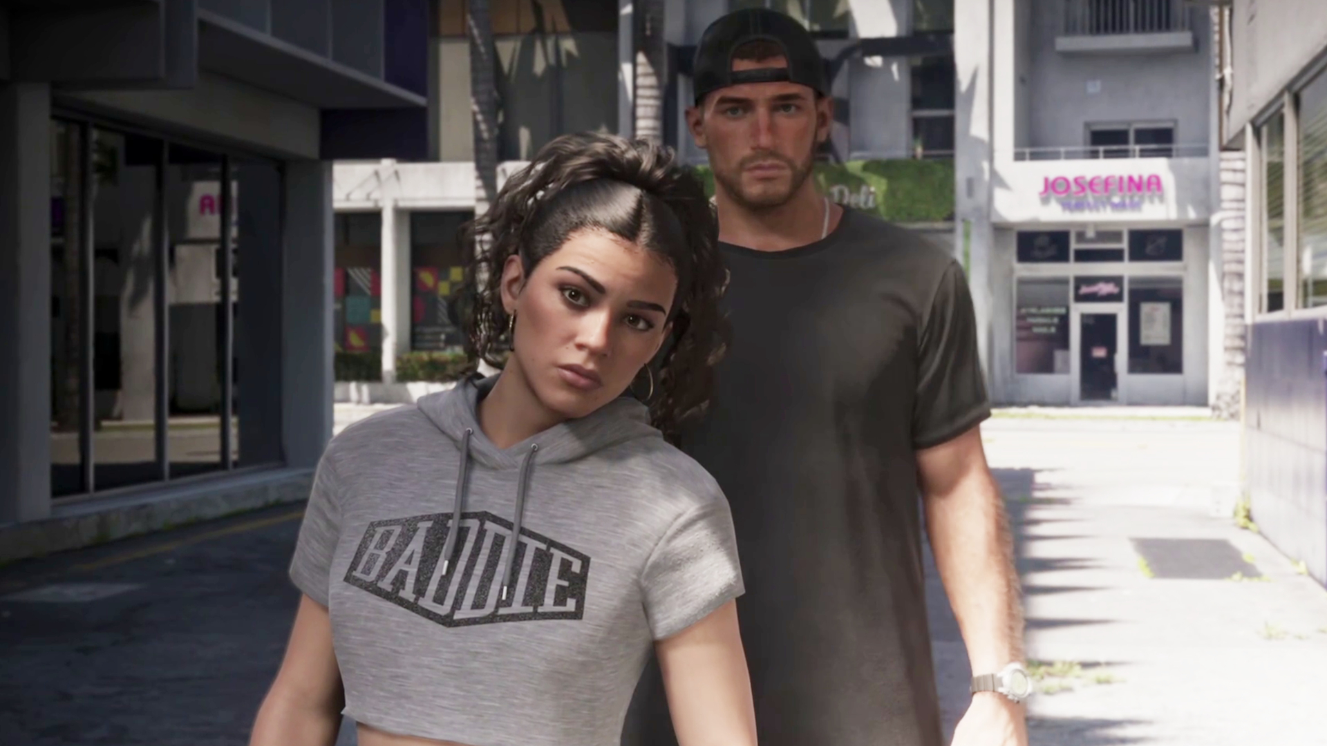 Lucia và Jason đứng trên đường phố Vice City trong GTA 6