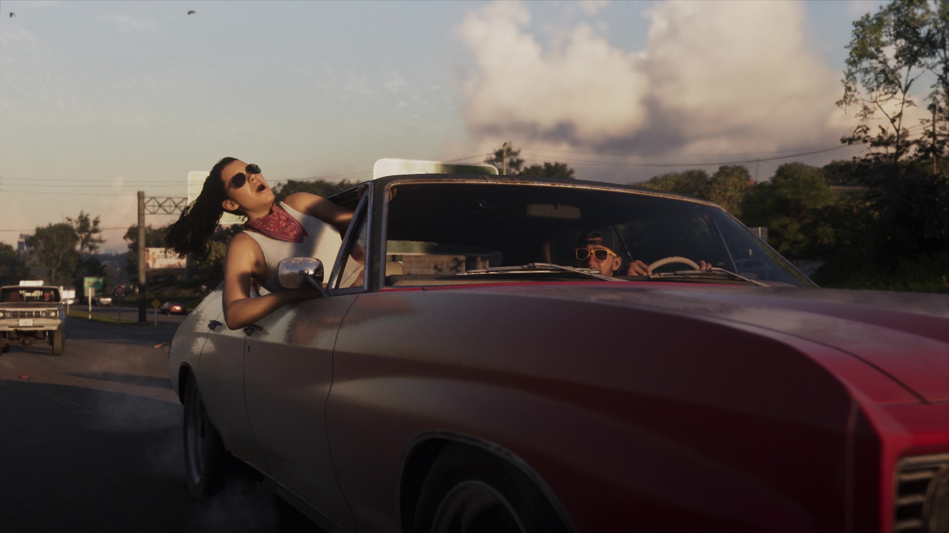 Lucia và Jason phóng xe trên đường cao tốc trong GTA 6