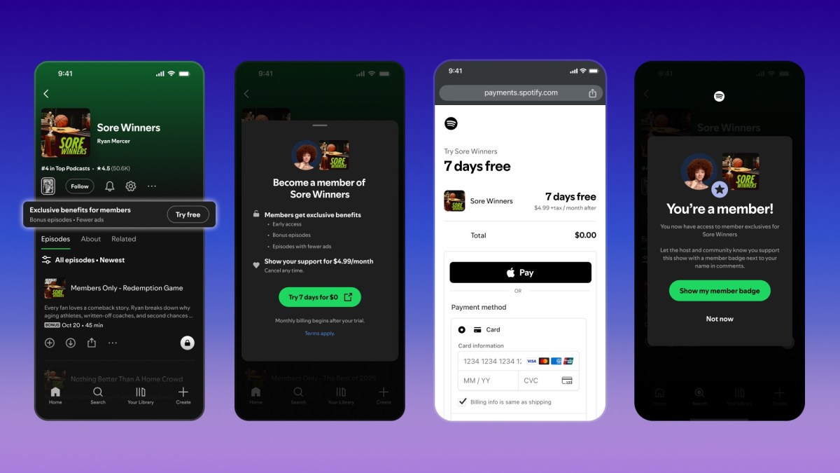 Luồng đăng ký hội viên podcast và thanh toán web của Spotify