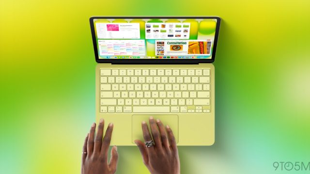 MacBook Neo màu vàng, nhìn từ trên xuống khi có người đang sử dụng bàn di chuột